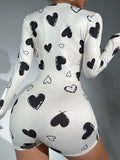 Heart Print Button Front Sleep Romper