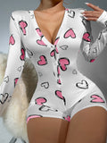 Heart Print Button Front Sleep Romper