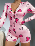 Heart Print Button Front Sleep Romper