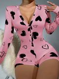 Heart Print Button Front Sleep Romper